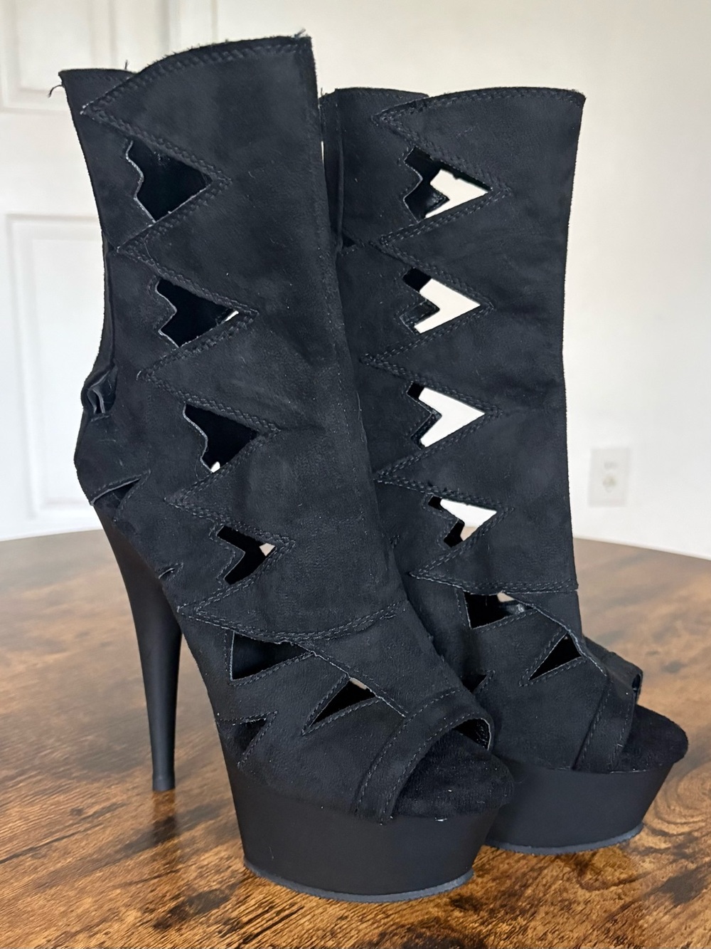Pleaser Black Cutout Peep-Toe Platform Stiletto Boots